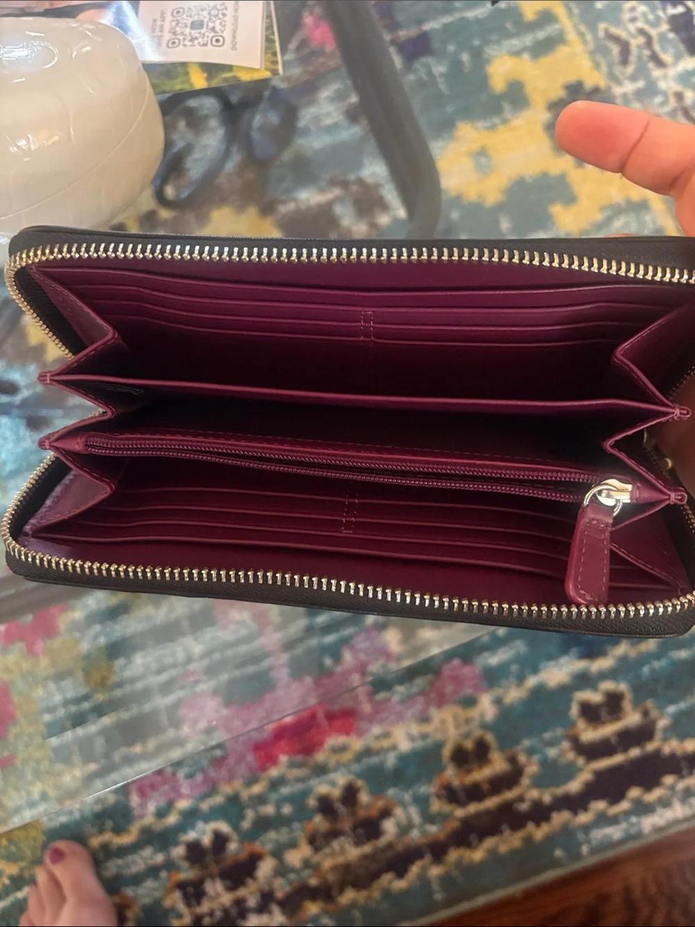 Coach Black Leather Zip Wallet with Buckle Strap Accents